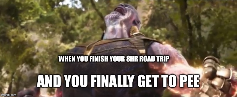 This does put a smile on my face... | WHEN YOU FINISH YOUR 8HR ROAD TRIP; AND YOU FINALLY GET TO PEE | image tagged in thanos,thicc,pee,road trip,funny,memes | made w/ Imgflip meme maker