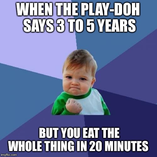 Success Kid | WHEN THE PLAY-DOH SAYS 3 TO 5 YEARS; BUT YOU EAT THE WHOLE THING IN 20 MINUTES | image tagged in memes,success kid | made w/ Imgflip meme maker