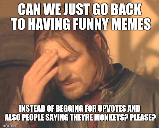 Frustrated Boromir Meme | CAN WE JUST GO BACK TO HAVING FUNNY MEMES; INSTEAD OF BEGGING FOR UPVOTES AND ALSO PEOPLE SAYING THEYRE MONKEYS? PLEASE? | image tagged in memes,frustrated boromir | made w/ Imgflip meme maker