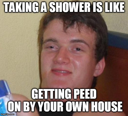 10 Guy | TAKING A SHOWER IS LIKE; GETTING PEED ON BY YOUR OWN HOUSE | image tagged in memes,10 guy,shower,pee,house | made w/ Imgflip meme maker