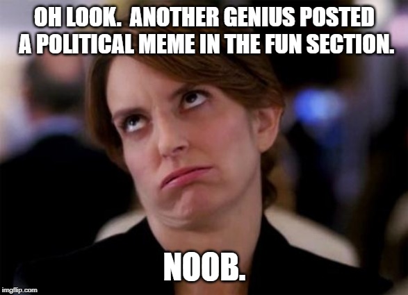 Noob | OH LOOK.  ANOTHER GENIUS POSTED A POLITICAL MEME IN THE FUN SECTION. NOOB. | image tagged in eye roll,fun stuff,political meme | made w/ Imgflip meme maker