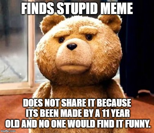 TED | FINDS STUPID MEME; DOES NOT SHARE IT BECAUSE ITS BEEN MADE BY A 11 YEAR OLD AND NO ONE WOULD FIND IT FUNNY. | image tagged in memes,ted | made w/ Imgflip meme maker