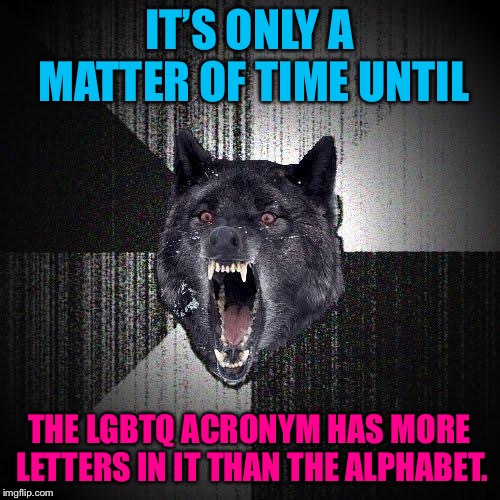 How many sexual orientations will there be? | IT’S ONLY A MATTER OF TIME UNTIL; THE LGBTQ ACRONYM HAS MORE LETTERS IN IT THAN THE ALPHABET. | image tagged in memes,insanity wolf,lgbtq,gay jokes,alphabet,bad joke | made w/ Imgflip meme maker