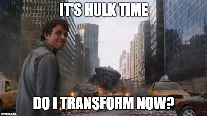 It's Hulk time | IT'S HULK TIME; DO I TRANSFORM NOW? | image tagged in hulk | made w/ Imgflip meme maker