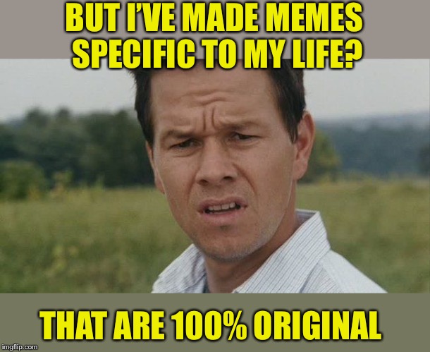 Mark Wahlburg confused | BUT I’VE MADE MEMES SPECIFIC TO MY LIFE? THAT ARE 100% ORIGINAL | image tagged in mark wahlburg confused | made w/ Imgflip meme maker