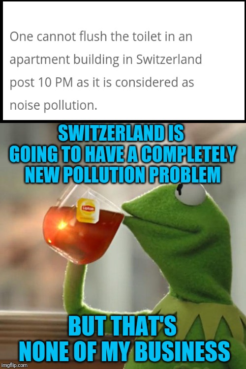 When you have to go, you have to go; Ludicrous Laws Week (April 1-7, a LordCheesus, Katechuks, and Sydneyb event) | SWITZERLAND IS GOING TO HAVE A COMPLETELY NEW POLLUTION PROBLEM; BUT THAT'S NONE OF MY BUSINESS | image tagged in memes,but thats none of my business,kermit the frog,confused dafuq jack sparrow what,toilet humor,switzerland | made w/ Imgflip meme maker