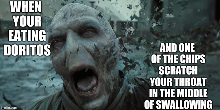 Can anyone else relate? | WHEN YOUR EATING DORITOS; AND ONE OF THE CHIPS SCRATCH YOUR THROAT IN THE MIDDLE OF SWALLOWING | image tagged in voldemort,fun,memes,doritos | made w/ Imgflip meme maker