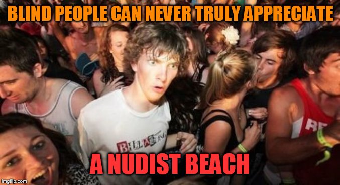 Sudden Clarity Clarence | BLIND PEOPLE CAN NEVER TRULY APPRECIATE; A NUDIST BEACH | image tagged in memes,sudden clarity clarence,nudist beach,blind,appreciate | made w/ Imgflip meme maker