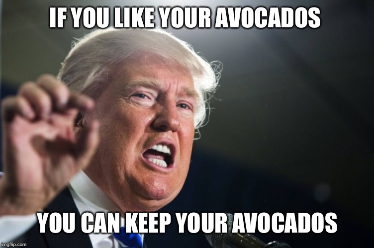 donald trump | IF YOU LIKE YOUR AVOCADOS; YOU CAN KEEP YOUR AVOCADOS | image tagged in donald trump | made w/ Imgflip meme maker