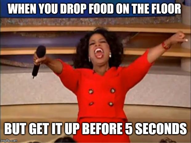 Sorry about this | WHEN YOU DROP FOOD ON THE FLOOR; BUT GET IT UP BEFORE 5 SECONDS | image tagged in memes,oprah you get a | made w/ Imgflip meme maker