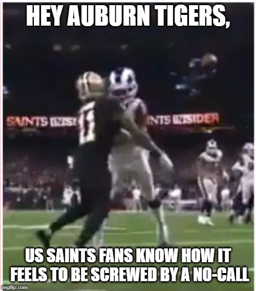 Refball01202019 | HEY AUBURN TIGERS, US SAINTS FANS KNOW HOW IT FEELS TO BE SCREWED BY A NO-CALL | image tagged in refball01202019 | made w/ Imgflip meme maker