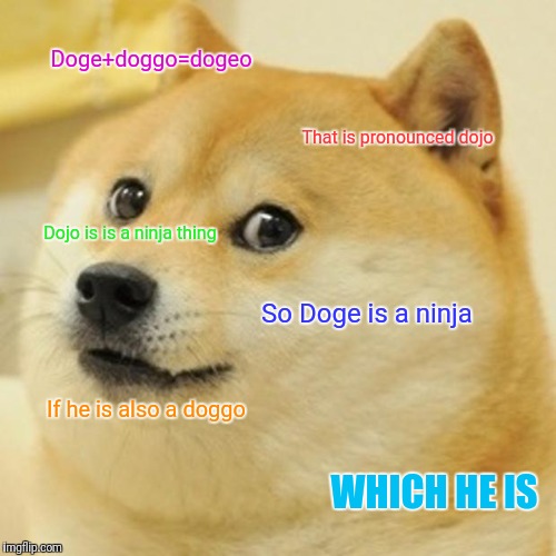 That is good logic, and because it involves me being a ninja, I LICK IT (uh... like it) | Doge+doggo=dogeo; That is pronounced dojo; Dojo is is a ninja thing; So Doge is a ninja; If he is also a doggo; WHICH HE IS | image tagged in memes,doge,logic,ninjas | made w/ Imgflip meme maker
