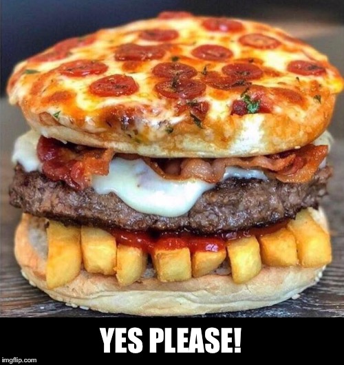 I’ll take two | YES PLEASE! | image tagged in pizza,burger,bacon,french fries | made w/ Imgflip meme maker
