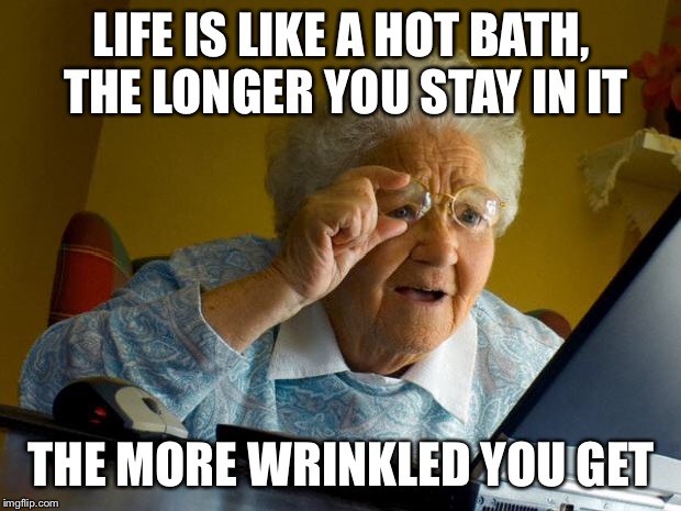 Old lady at computer finds the Internet | LIFE IS LIKE A HOT BATH, THE LONGER YOU STAY IN IT; THE MORE WRINKLED YOU GET | image tagged in old lady at computer finds the internet | made w/ Imgflip meme maker