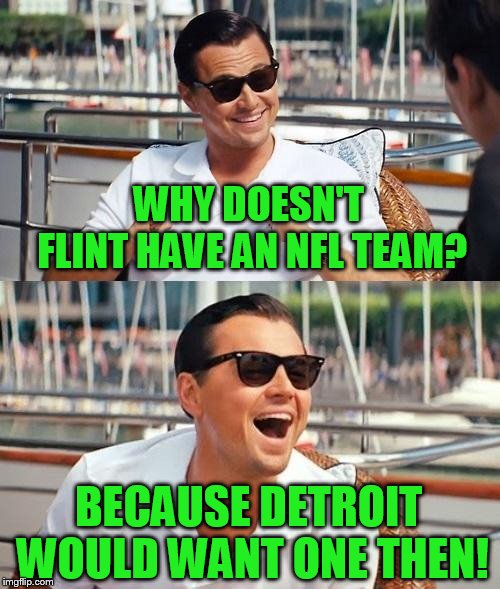 A Michigan stream! | WHY DOESN'T FLINT HAVE AN NFL TEAM? BECAUSE DETROIT WOULD WANT ONE THEN! | image tagged in memes,leonardo dicaprio wolf of wall street | made w/ Imgflip meme maker