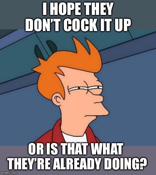 Futurama Fry Meme | I HOPE THEY DON’T COCK IT UP OR IS THAT WHAT THEY’RE ALREADY DOING? | image tagged in memes,futurama fry | made w/ Imgflip meme maker