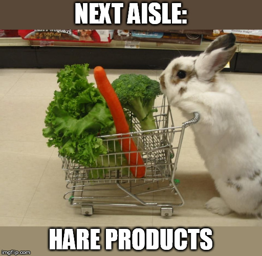 Need a new harecut too               (Pun Weekend - a Triumph_9 and Craziness_all_the_way event) | NEXT AISLE:; HARE PRODUCTS | image tagged in pun weekend,triumph_9,craziness_all_the_way,bunny,shopping cart,shopping | made w/ Imgflip meme maker