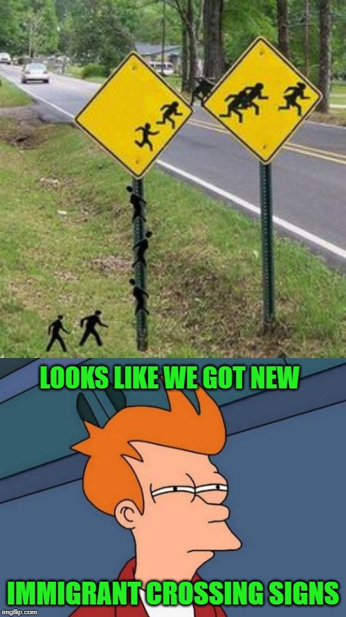 Stupid Signs Week (April 17-23), A LordCheesus and DaBoiIsMeAvery event | LOOKS LIKE WE GOT NEW; IMMIGRANT CROSSING SIGNS | image tagged in memes,futurama fry,immigrants,stupid signs week,funny,funny signs | made w/ Imgflip meme maker