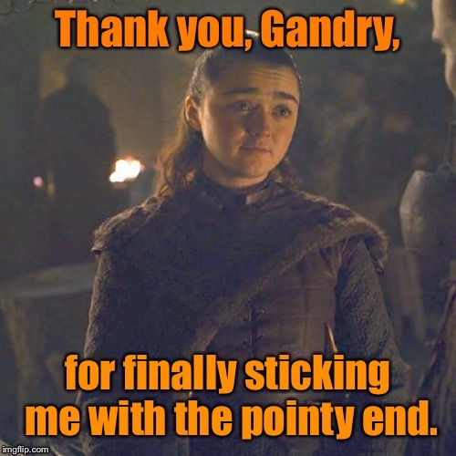 The first Stark-Baratheon Union in 8 years | . | image tagged in game of thrones,arya stark,gandry baratheon,pointy end,stuck | made w/ Imgflip meme maker