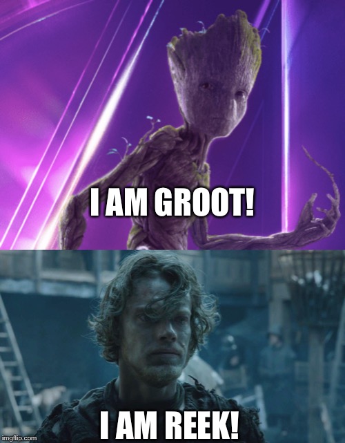 I Am Groot/Reek | I AM GROOT! I AM REEK! | image tagged in game of thrones,i am groot,marvel,theon greyjoy | made w/ Imgflip meme maker