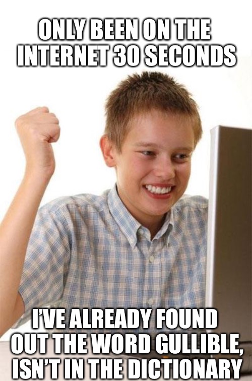 First Day On The Internet Kid is a good title anyway so why change it? | ONLY BEEN ON THE INTERNET 30 SECONDS; I’VE ALREADY FOUND OUT THE WORD GULLIBLE, ISN’T IN THE DICTIONARY | image tagged in memes,first day on the internet kid,gullible,level expert,too damn high,be careful | made w/ Imgflip meme maker