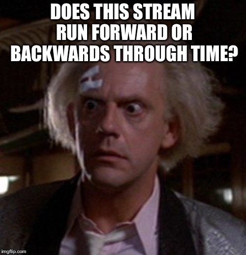 Doc Brown | DOES THIS STREAM RUN FORWARD OR BACKWARDS THROUGH TIME? | image tagged in doc brown | made w/ Imgflip meme maker