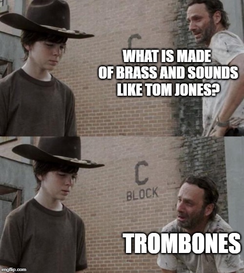 Rick and Carl | WHAT IS MADE OF BRASS AND SOUNDS LIKE TOM JONES? TROMBONES | image tagged in memes,rick and carl | made w/ Imgflip meme maker