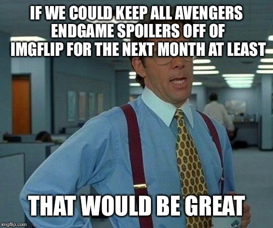 Avengers Endgame | IF WE COULD KEEP ALL AVENGERS ENDGAME SPOILERS OFF OF IMGFLIP FOR THE NEXT MONTH AT LEAST; THAT WOULD BE GREAT | image tagged in memes,that would be great,avengers endgame | made w/ Imgflip meme maker