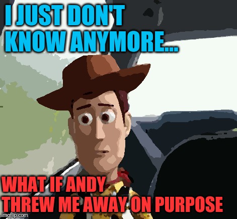 Introspective Woody | I JUST DON'T KNOW ANYMORE... WHAT IF ANDY THREW ME AWAY ON PURPOSE | image tagged in introspective woody | made w/ Imgflip meme maker