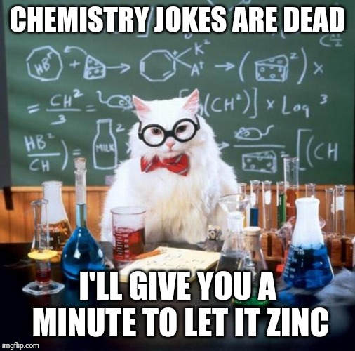 Chemistry Cat | CHEMISTRY JOKES ARE DEAD; I'LL GIVE YOU A MINUTE TO LET IT ZINC | image tagged in memes,chemistry cat | made w/ Imgflip meme maker