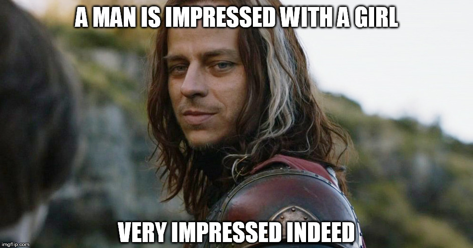 Jaqen H'gar | A MAN IS IMPRESSED WITH A GIRL; VERY IMPRESSED INDEED | image tagged in jaqen h'gar,arya stark,game of thrones,season 8,badass | made w/ Imgflip meme maker