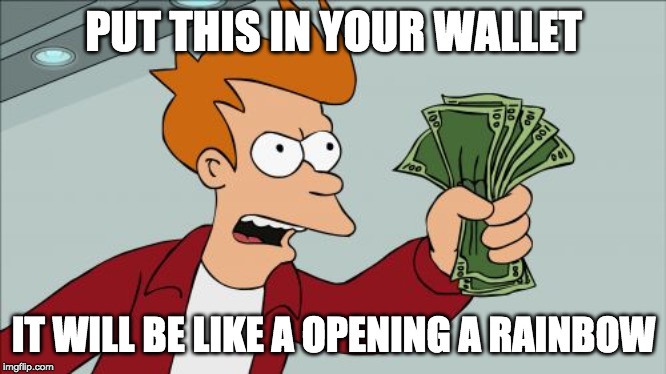 Shut Up And Take My Money Fry Meme | PUT THIS IN YOUR WALLET IT WILL BE LIKE A OPENING A RAINBOW | image tagged in memes,shut up and take my money fry | made w/ Imgflip meme maker