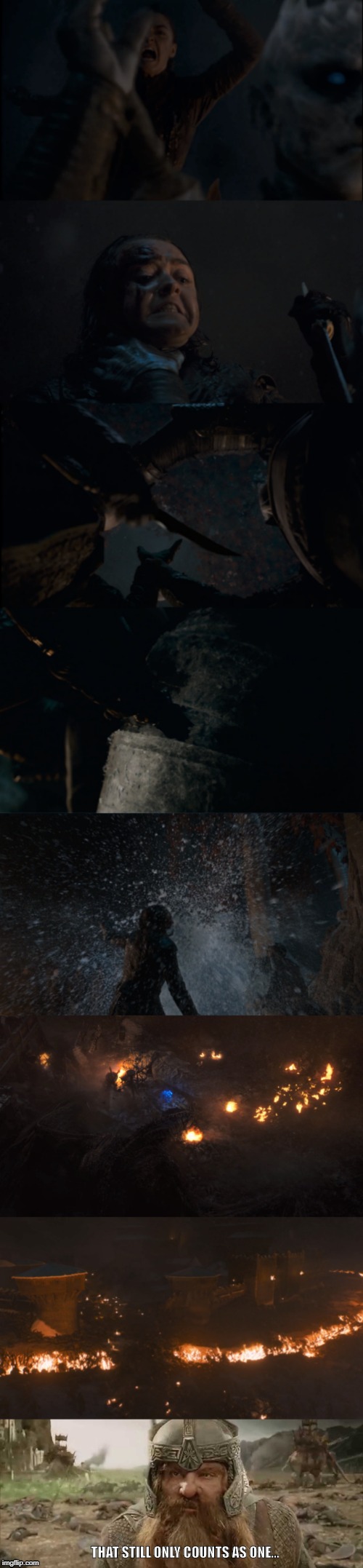 GOT It still only counts as one... | THAT STILL ONLY COUNTS AS ONE... | image tagged in game of thrones,gimli,lotr,arya stark,game of thrones arya,got | made w/ Imgflip meme maker