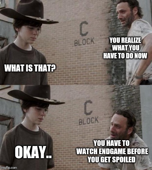 Rick and Carl Meme | YOU REALIZE WHAT YOU HAVE TO DO NOW; WHAT IS THAT? YOU HAVE TO WATCH ENDGAME BEFORE YOU GET SPOILED; OKAY.. | image tagged in memes,rick and carl | made w/ Imgflip meme maker