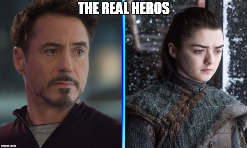 The ones who saved your weekend | THE REAL HEROS | image tagged in spoiler alert,tony stark,arya stark,game of thrones,avengers endgame,spoilers | made w/ Imgflip meme maker