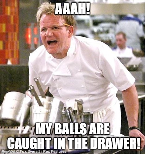 Chef Gordon Ramsay | AAAH! MY BALLS ARE CAUGHT IN THE DRAWER! | image tagged in memes,chef gordon ramsay | made w/ Imgflip meme maker