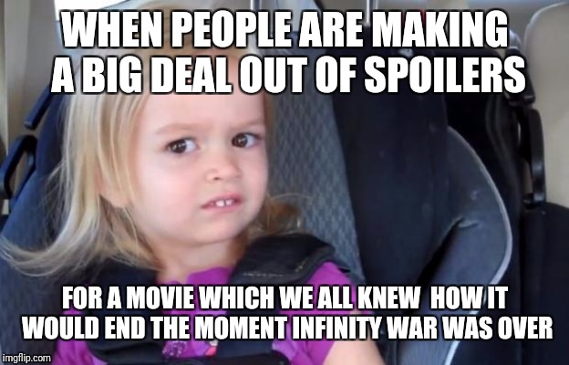 The Avengers team up,  make sacrifices, defeat Thanos in a final battle, and reverse the snap. WHO COULD HAVE IMAGINED IT? | WHEN PEOPLE ARE MAKING A BIG DEAL OUT OF SPOILERS; FOR A MOVIE WHICH WE ALL KNEW  HOW IT WOULD END THE MOMENT INFINITY WAR WAS OVER | image tagged in side eyeing chloe,memes,avengers,spoilers,endgame,infinity war | made w/ Imgflip meme maker