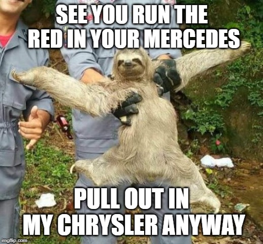 Happy Sloth | SEE YOU RUN THE RED IN YOUR MERCEDES; PULL OUT IN MY CHRYSLER ANYWAY | image tagged in happy sloth | made w/ Imgflip meme maker