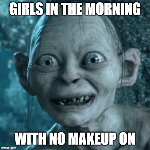 Gollum | GIRLS IN THE MORNING; WITH NO MAKEUP ON | image tagged in memes,gollum | made w/ Imgflip meme maker