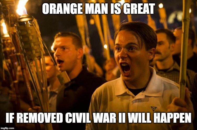ORANGE MAN IS GREAT IF REMOVED CIVIL WAR II WILL HAPPEN | image tagged in charlottesville nazis | made w/ Imgflip meme maker