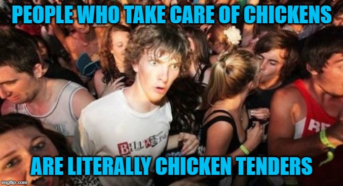 Really can't argue with that. | PEOPLE WHO TAKE CARE OF CHICKENS; ARE LITERALLY CHICKEN TENDERS | image tagged in memes,sudden clarity clarence,chicken tenders,funny,chickens | made w/ Imgflip meme maker
