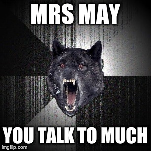 Insanity Wolf Meme | MRS MAY YOU TALK TO MUCH | image tagged in memes,insanity wolf | made w/ Imgflip meme maker