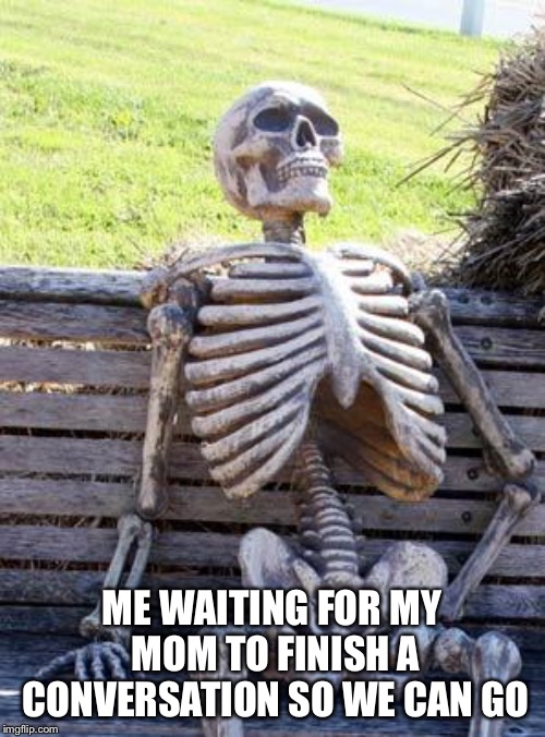 Mooommm can we go | ME WAITING FOR MY MOM TO FINISH A CONVERSATION SO WE CAN GO | image tagged in memes,waiting skeleton,mom | made w/ Imgflip meme maker