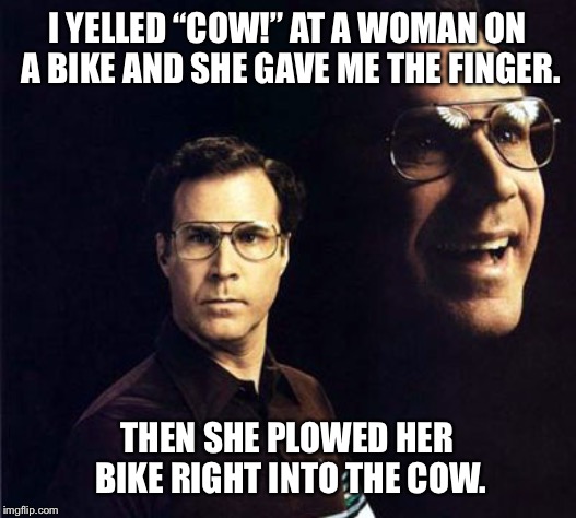 Will Ferrell | I YELLED “COW!” AT A WOMAN ON A BIKE AND SHE GAVE ME THE FINGER. THEN SHE PLOWED HER BIKE RIGHT INTO THE COW. | image tagged in memes,will ferrell,cow,bike,bicycle,middle finger | made w/ Imgflip meme maker