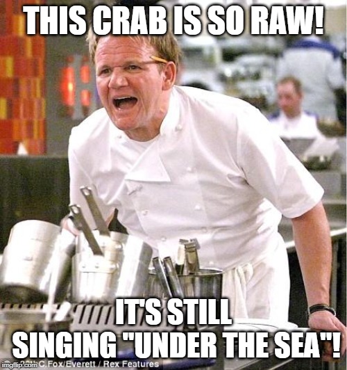 Chef Gordon Ramsay | THIS CRAB IS SO RAW! IT'S STILL SINGING "UNDER THE SEA"! | image tagged in memes,chef gordon ramsay | made w/ Imgflip meme maker