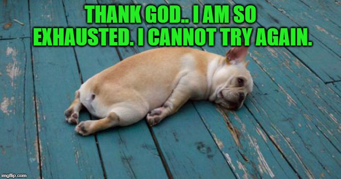 Exhausted  | THANK GOD.. I AM SO EXHAUSTED. I CANNOT TRY AGAIN. | image tagged in exhausted | made w/ Imgflip meme maker