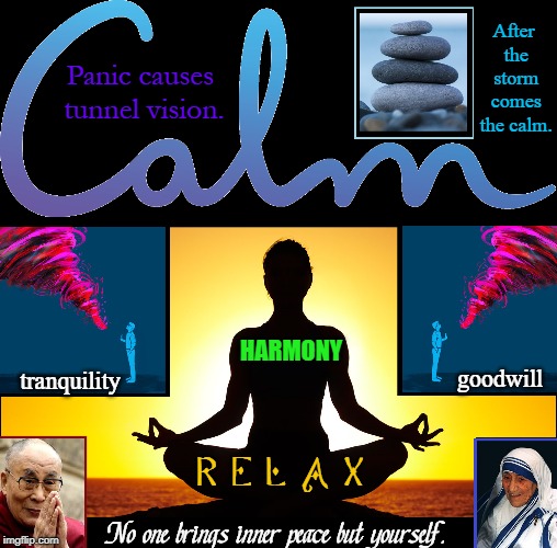 My Mantra is Om... Om Sweet Om | Panic causes tunnel vision. After the storm comes the calm. HARMONY; tranquility; goodwill; R E L A X; No one brings inner peace but yourself. | image tagged in vince vance,mother teresa,mahatma gandi,inner peace,keep calm,tranquility | made w/ Imgflip meme maker