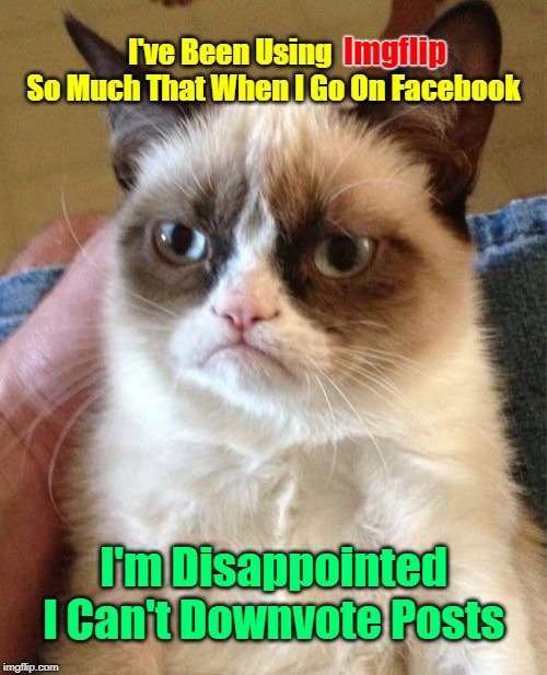 Yet I Keep Going Back To Facebook | Imgflip; I've Been Using                 So Much That When I Go On Facebook; I'm Disappointed I Can't Downvote Posts | image tagged in memes,grumpy cat,facebook,downvote,google,meme | made w/ Imgflip meme maker