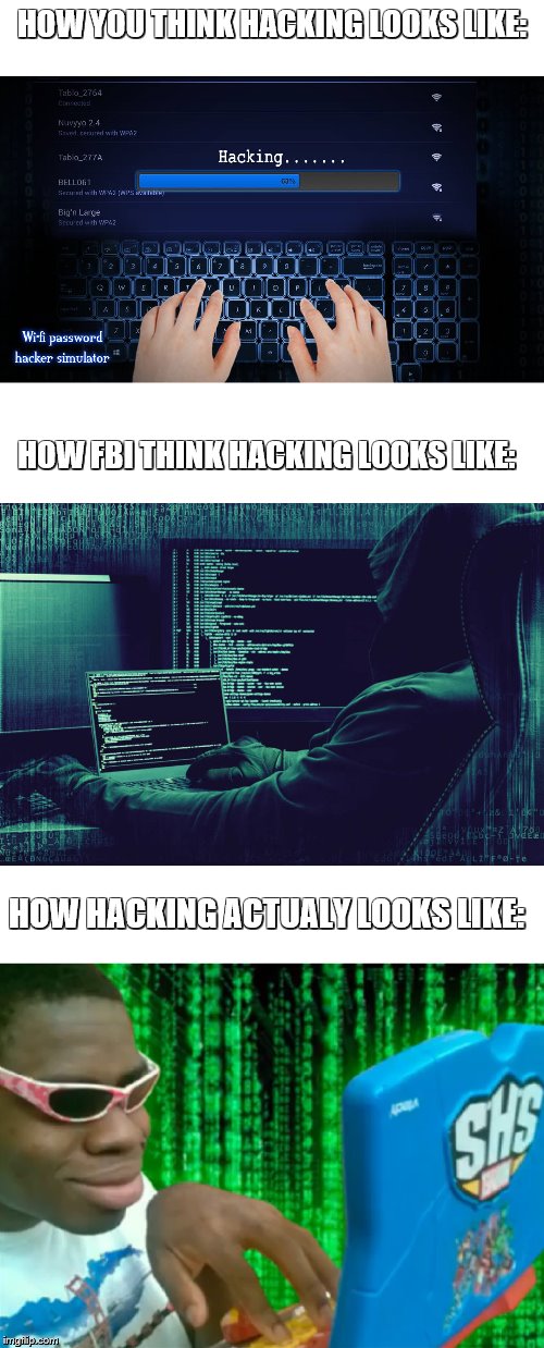 how hacking looks like | HOW YOU THINK HACKING LOOKS LIKE:; HOW FBI THINK HACKING LOOKS LIKE:; HOW HACKING ACTUALY LOOKS LIKE: | image tagged in funny,memes,hacks,computer,virus,video games | made w/ Imgflip meme maker