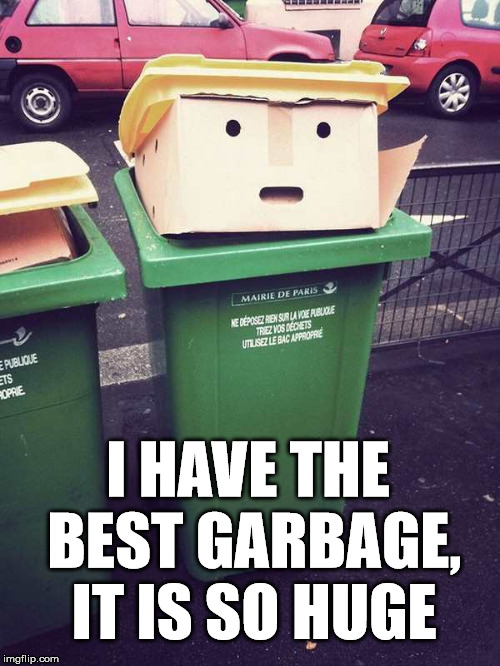 Looks like Trump | I HAVE THE BEST GARBAGE, IT IS SO HUGE | image tagged in trump,garbage day,funny meme,totally looks like | made w/ Imgflip meme maker